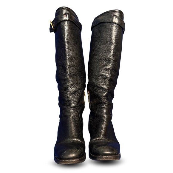 Prada Black Leather Mid-Calf Riding Boots EU 40 / US 9.5 Gold Buckle Detail - Picture 6 of 10